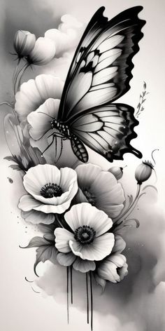 a black and white drawing of flowers with a butterfly flying over the top of it