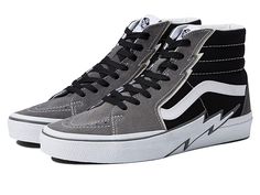 Vans Sk8-Hi Bolt - Shoes : Pewter/Black : Level up your street style by wearing the cool and casual Vans Sk8-Hi Bolt Shoes. Leather and textile upper. Textile lining and insole. Classic lace-up closure. Thunderbolt detailing along with the eyelets and bumper. Reinforced toe caps. Supportive padded collars. Signature rubber waffle outsole with high traction and durability. Imported. Measurements: Weight: 1 lb 2 oz. Shaft: 4 ½ in. Measurements: Weight: 1 lb 2 oz Shaft: 4 1 2 in Product measurement Vans Urban Sneakers With Laces, Urban Vans Sneakers With Laces, Urban Vans Sneakers, Lace-up Canvas Shoes With Contrast Sole For Skateboarding, Vans Lace-up Canvas Shoes, Urban Vans Lace-up Sneakers, Urban Lace-up Canvas Shoes For Streetwear, Vans Urban High-top Sneakers With Contrast Sole, Urban Vans High-top Sneakers With Contrast Sole