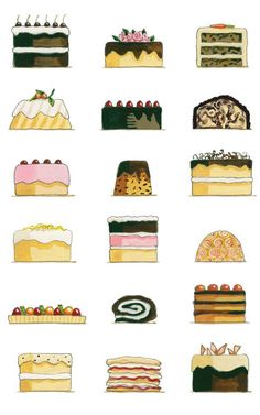 a bunch of different types of cakes on a white background with the words, cake and dessert designs