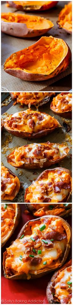 baked sweet potatoes with cheese and bacon on a baking sheet, ready to be eaten