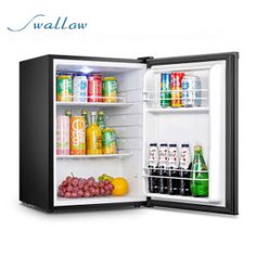 an open refrigerator filled with drinks and fruit