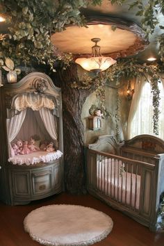 there is a baby crib in the corner of this room with trees on the walls