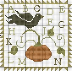 a cross stitch pattern with a bird sitting on top of a pumpkin and the letter d