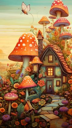 an image of a painting of mushrooms and houses in the grass with butterflies flying over them