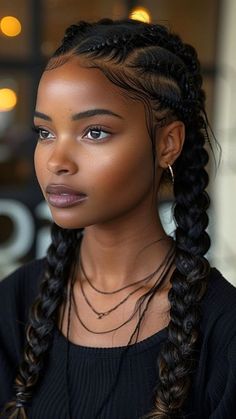 Crown Braids Hairstyles, Black Women French Braids, Easy Braid Hairstyles For Black Women, 4 Cornrows Braids Black Women, Braided Hairstyles For Black Women Quick, Simple Braided Ponytail, 2 Long Braids, 2 Braid Hairstyles, 2 Braids Hairstyles For Black Women