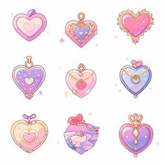 many different heart shaped items are shown in this drawing style, including necklaces and rings