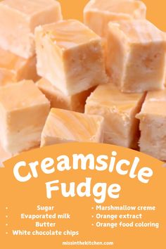 an advertisement for creamsicle fudge with oranges and white chocolate chunks in the background