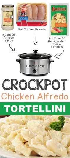 the instructions for crockpot chicken alfredo on a plate