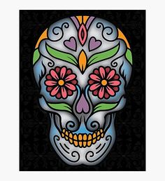 a colorful sugar skull with flowers on it's face, in the dark background