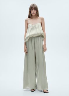 Flowy satin pants - Women | MANGO USA Palazzo Design, Palazzo Designs, Maxi Design, Satin Trousers, Satin Pants, Pantalon Large, Trousers Women, Elastic Waist, Mango