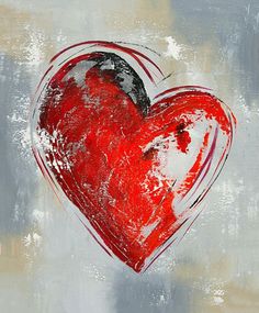 a painting with a red heart on the front and grey back ground, it looks like an abstract piece of art