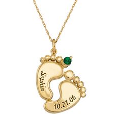 These tiny footprints will saunter their way right into your heart. Crafted of 10K yellow gold, this pendant necklace is personalized with your child's name, birthdate and birthstone. Made in America.Metal: Rhodium-plated 10K yellow goldStone: 2.5mm round lab-created gemstoneSetting: ProngClosure: Spring-ringDimensions: 18" long rope chainCare: Wipe CleanCountry of Origin: USGemstones may be treated and may require special care.Jewelry photos are enlarged to show detail.Personalize name (left fo Personalized Jewelry For Kids, Baby Jewelry Gold Newborn Modern, Infant Jewelry Gold, Baby Jewelry Gold Newborn Traditional, Baby Initial Necklace For Mom Sterling, Newborn Gold Necklace, Infant Gold Necklace, Baby Boy Jewelry Necklace, Baby Jewelry Gold