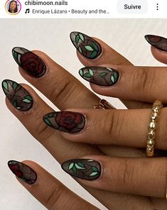 Nail Inspo Short Green, Dark Green Aesthetic Nails, Dark Floral Nails, Fern Nails, Jewel Tone Nails, Academia Nails, Dark Academia Nails, Green Dark Academia, Tape Nail Art