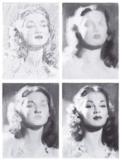 four drawings of women with different facial expressions and hair styles, all in black and white