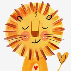 a watercolor drawing of a lion holding a heart with its paws and eyes closed