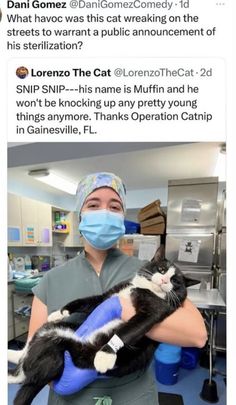 a person wearing a surgical mask holding a black and white cat in an operating room