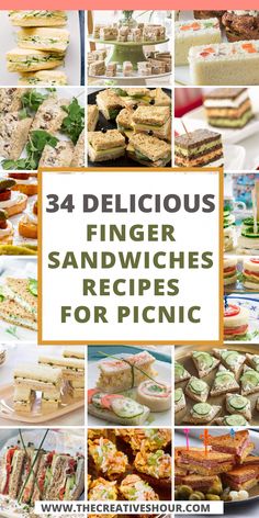 some sandwiches and sandwiches are arranged together with the words, delicious finger sandwiches for picnic