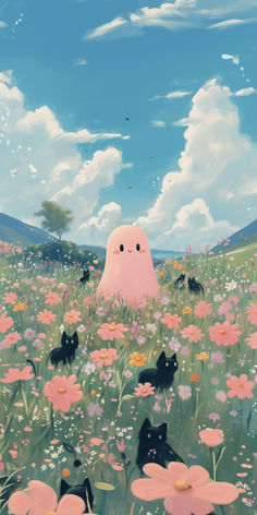 a painting of cats in a field of flowers