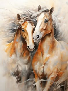 two brown horses standing next to each other in front of a white background with long hair