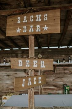 a wooden sign sitting on top of a wooden table