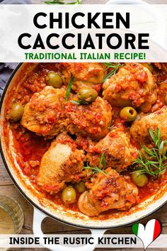 chicken cacciatore in a pan with olives and herbs on the side