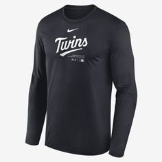 This Minnesota Twins Authentic Collection Practice T-Shirt combines sweat-wicking technology with lightweight polyester to help keep you dry and comfortable while on the move. Nike Long Sleeve Moisture-wicking T-shirt, Nike Functional T-shirt For Sports Events, Technical Crew Neck Tops For Sports Events, Crew Neck Tops For Sports Events, Nike Functional T-shirt With Graphic Print, Functional Nike T-shirt For Sports Events, Nike Graphic Print T-shirt, Nike Technical Go-dry T-shirt, Nike Go-dry Technical T-shirt