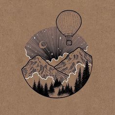 an image of a hot air balloon flying in the sky over mountains with trees and clouds