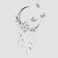 the moon with flowers and butterflies is shown in this tattoo art design, it looks to be