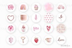 some pink and white buttons with hearts, flowers, cupcakes and other items