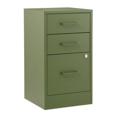 a green filing cabinet with three drawers