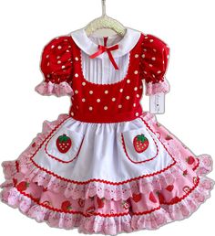 Sweet Fitted Dress For Costume Party, Fun Red Ruffled Dress, Sweet Red Short Sleeve Dress, Playful Red Party Dress, Cute Strawberry Print Dresses For Garden Party, Pink Strawberry Print Dress For Party, Sweet Red Dress For Birthday, Playful Red Dress For Garden Party, Cute Fitted Birthday Dress