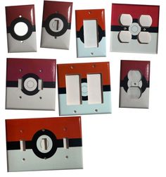 six switch plates with different designs and colors on each one, all in the same design