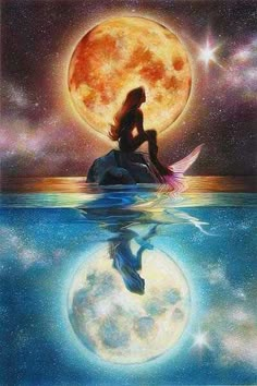 a woman sitting on top of a surfboard in the ocean under a full moon