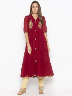 Maroonish Red Tiered Georgette Kurta With Western Collar Detailing.. Embroidery Around Neckline And Front Placket With Three Quarter Sheer Georgette Leaves With Brocade Border Detailing At Sleeves Edge And Hemline. Georgette Kurta, Georgette Anarkali, Embroidered Motifs, Zari Work, Deep Red Color