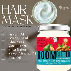 BOOM BUTTER Restorative Hair Mask A high-performance mask to help fortify hair in need of repair. Formulated with argan oil, shea butter, and pine oil and 5 other botanicals . For damaged hair in need of repair, BOOM BUTTER Restorative Hair Mask is a 5 minute treatment for use on hair damaged by chemical treatments or heat styling. Its high-performance formula contains argan oil, shea butter, and five other botanicals  that help fortify hair, increase elasticity, and promote a healthier look and Pine Oil, Aloe Vera For Hair, Heat Styling, Aloe Leaf, Dry Damaged Hair, Oil Plant, Heat Styling Products, Sweet Almond Oil, Natural Hair Care