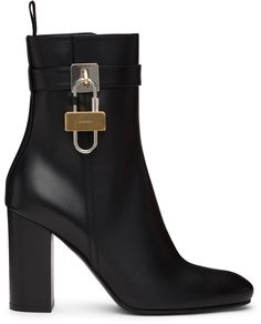 Ankle-high buffed calfskin boots in black. Almond toe. Integrated strap at collar. Detachable logo-engraved lock-style hardware with spring fastening at outer side. Zip closure at inner side. Tonal goatskin lining. Stacked leather heel. Tonal leather sole. Silver-tone and gold-tone hardware. Approx. 3.75 heel. Supplier color: Black Chelsea Boots Outfits, Heels Boots Outfit, Almond Toe Boots, Snow Wear, Black Heel Boots, Shoe Boot Sandals, Walker Boots, Crazy Shoes, Designer Boots