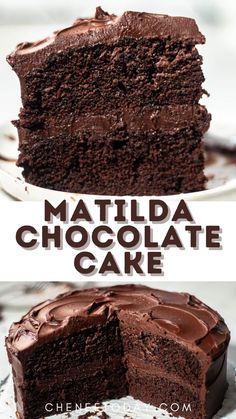 a chocolate cake on a plate with the words matilda chocolate cake above it