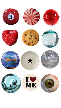 an assortment of glass objects including candy, cookies and candies are arranged on a white background