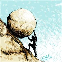 a drawing of a man climbing up the side of a mountain holding onto a large rock