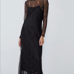 Zara Dress Elegant Black Sheer Slip Dress, Chic Black A-line Lace Dress, Chic Sheer Dresses For Dinner, Sheer Sheath Dress For Evening, Lace Midi Length Slip Dress For Evening, Elegant Lace Slip Dress For Spring, Elegant Lace Maxi Dress For Fall, Formal Fall Lace Maxi Dress, Formal Lace Maxi Dress For Fall