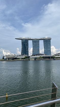 two tall buildings sitting on top of a body of water