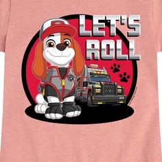 a pink shirt with an image of a dog and a firetruck on it