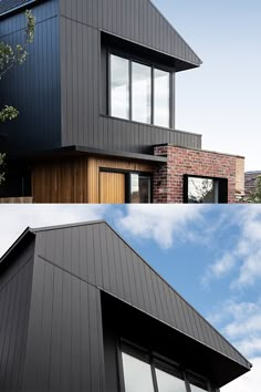 two pictures side by side of a black house