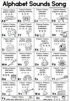 the alphabet sounds song is shown in black and white with pictures of animals, letters, and