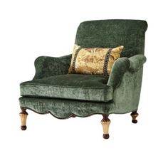 a green chair with a gold pillow on it's back and legs, against a white background