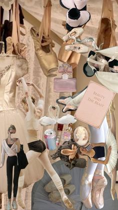 a collage of ballerinas, ballet shoes, and other items on display