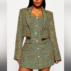 Fashion Nova Tanya Tweed Mini Dress W/ Cropped Jacket *Brand New* Never Been Worn Size: Xl Product Details: Tweed Mini Dress Tube Sweetheart Neckline Rhinestone Faux Button Front Faux Pockets A-Line Hidden Back Zipper Tweed Cropped Blazer Long Sleeve Lapel Fully Lined Non Stretch 100% Polyester Lining: 90% Polyester 10% Spandex Blazer Lining: 97% Polyester 3% Spandex Imported Spring Long Sleeve Tweed Dress, Fitted Green Tweed Dress For Fall, Green Tweed Dress For Workwear In Fall, Chic Green Tweed Dress For Spring, Green Tweed Spring Blazer, Spring Green Tweed Blazer, Green Tweed Dress For Work, Tweed Outfits, Fashion Nova Black Dress