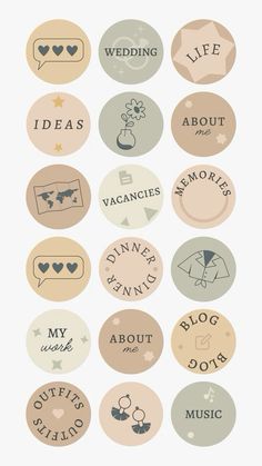 a bunch of buttons with different types of words on them and some pictures in the middle