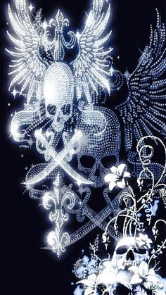 a skull and crossbones on a black background with flowers in the foreground