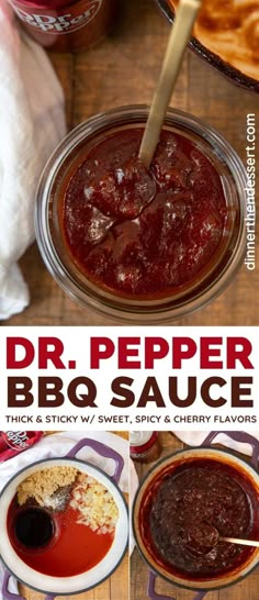 the cover of dr pepper's bbq sauce is shown in three different pictures